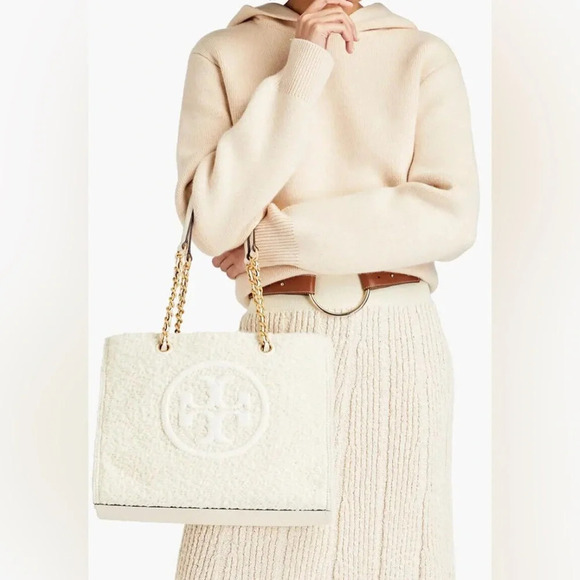 TORY BURCH ELLA LOGO CREAM BOUCLE TOTE BAG LEATHER/CHAIN HANDLE NWT $698 RARE - Picture 1 of 13